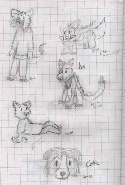 10-18-22 sketch page scan
An October page of sketches. Ft. Cedrus sporting a fantasy tunic (Pinede form!), Collie, Gerald (the Gruslen), Beo (Tyrannian Bori) and another Cedrus just chillin out.
Keywords: Cedrus,pinede,Collie,neopets