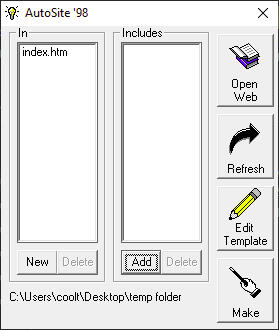 AutoSite '98
A cute flat file version of AutoSite made in VB6, as part of a kinda [url=http://archives.somnolescent.net/web/dcb98/]retro-y alternate reality site design[/url] I was working on. 44KB! 
