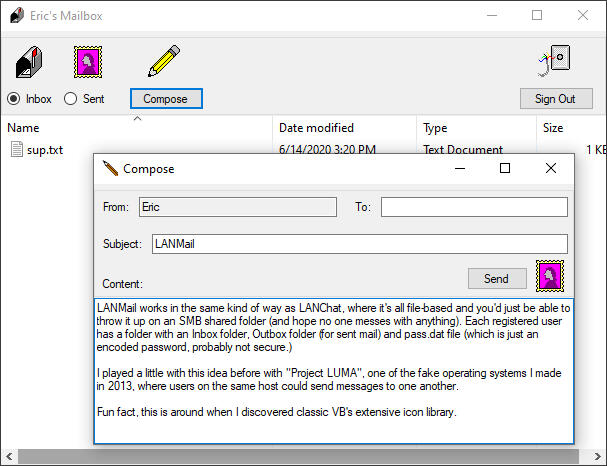 LANMail
A local mail program inspired by Windows 3.11's mail app. Uses a lot of the old VB icons.
