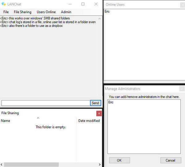 LANChat
Another SMB file share based program that requires you to trust people on your network: this time, as a simple chat. Made in late 2014.
