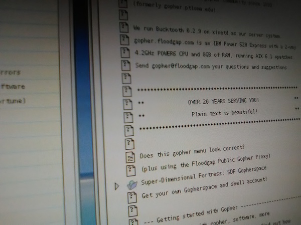 Cyberdog
Floodgap on Gopher loaded on my Power Mac G4 under Mac OS 9 and Cyberdog. Done up originally for a [url=https://dev.to/dotcomboom/the-gopher-protocol-in-brief-1d88]dev.to post[/url] about the Gopher protocol
