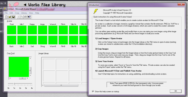 Microsoft V-Chat 2.0 avatar wizard
PNG supported curiously! This did come out a year or two after Comic Chat. Greetz to worlio.com.
