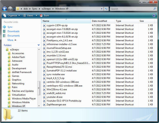 w2krepo Live on Vista
I wrote a Python script that'd generate Internet Shortcuts for everything in w2krepo's archive. I keep that folder in my Sync.com, so I can have it on the ready.
