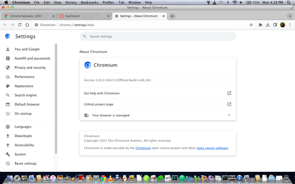 Latest Chromium 116 on OS X 10.7
Updated the Blackbook's browser from 107. Could be just me but it feels a little faster. Extending many thanks to the [url=https://github.com/blueboxd/chromium-legacy]Chromium Legacy[/url] project once again for keeping this up to date.
